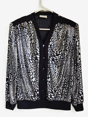 Special Event Shiny Metallic Silver Black Blouse Shirt Top, Women's 8